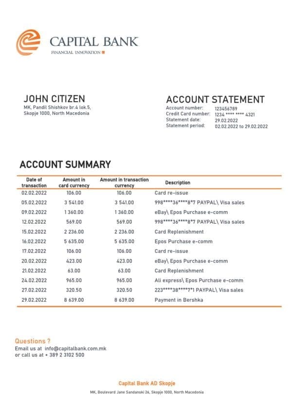 North Macedonia Capital Bank bank statement template in Word and PDF format