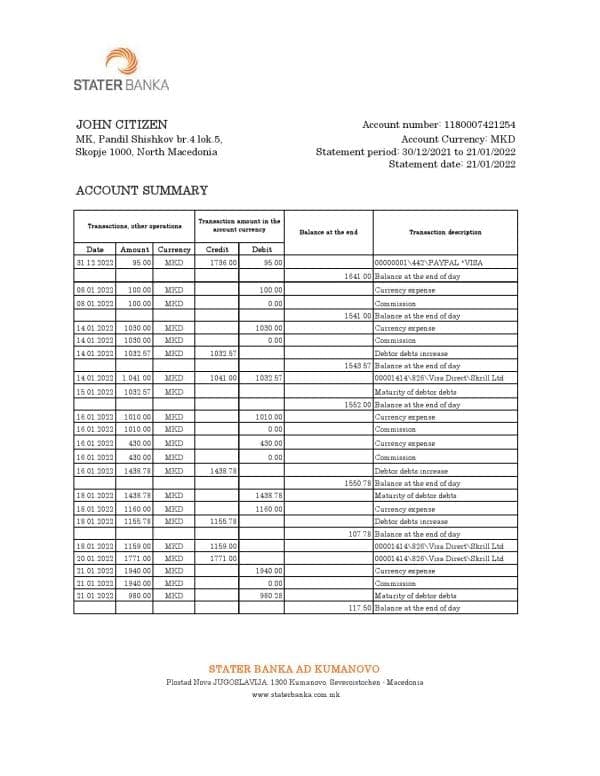 North Macedonia Stater Banka bank statement Excel and PDF template