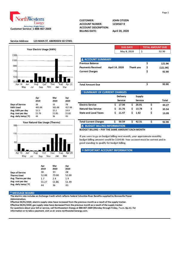 USA NorthWestern Energy utility bill template in Word and PDF format, version 1