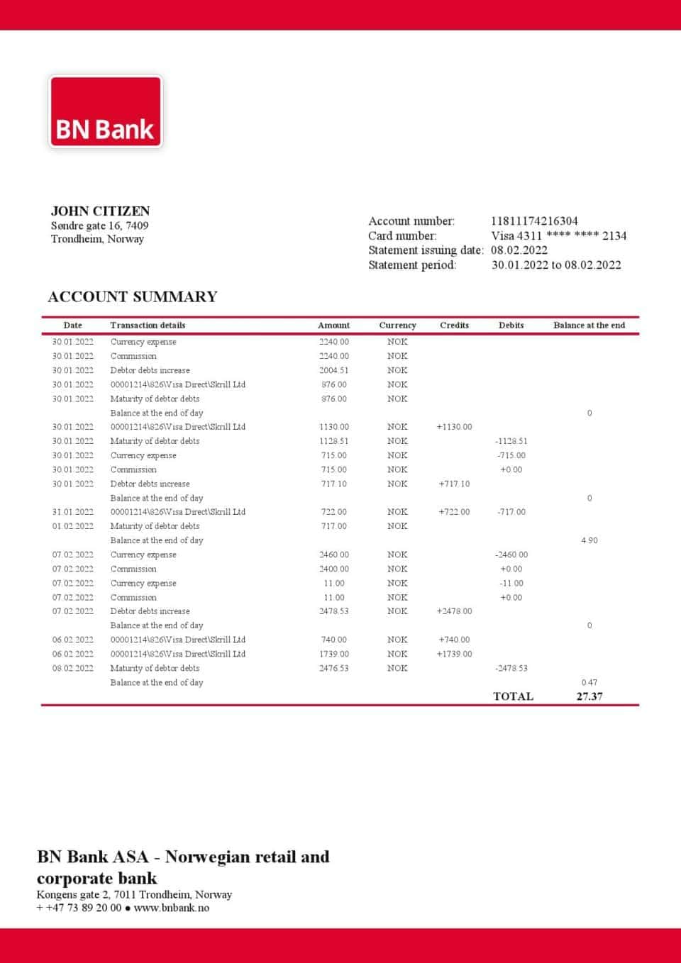 Norway BN bank statement template in Word and PDF format