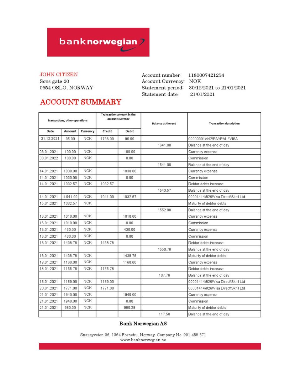 Norway Bank Norwegian AS bank statement easy to fill template in .xls and .pdf file format