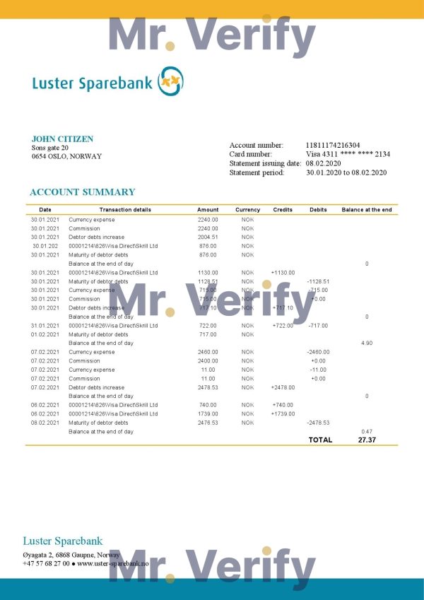 Norway Luster Sparebank bank statement easy to fill template in Word and PDF format 600x849 - Cart