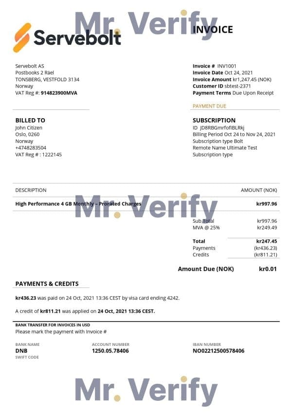 High-Quality Norway Servebolt high performance hosting company Invoice Template PDF | Fully Editable