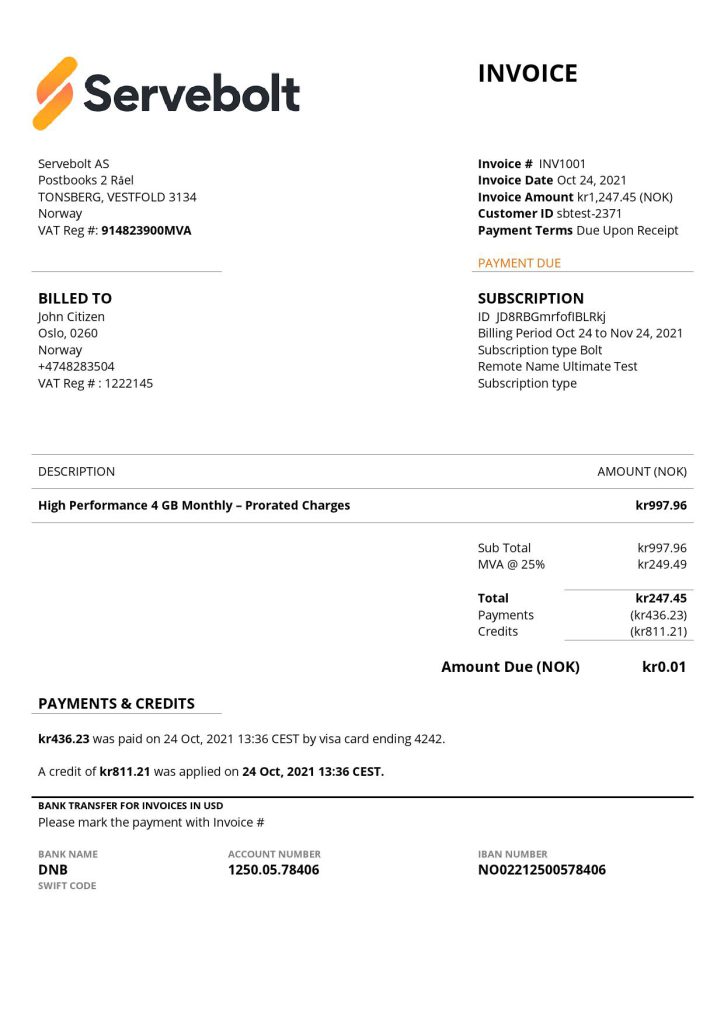 High-Quality Norway Servebolt high performance hosting company Invoice Template PDF | Fully Editable