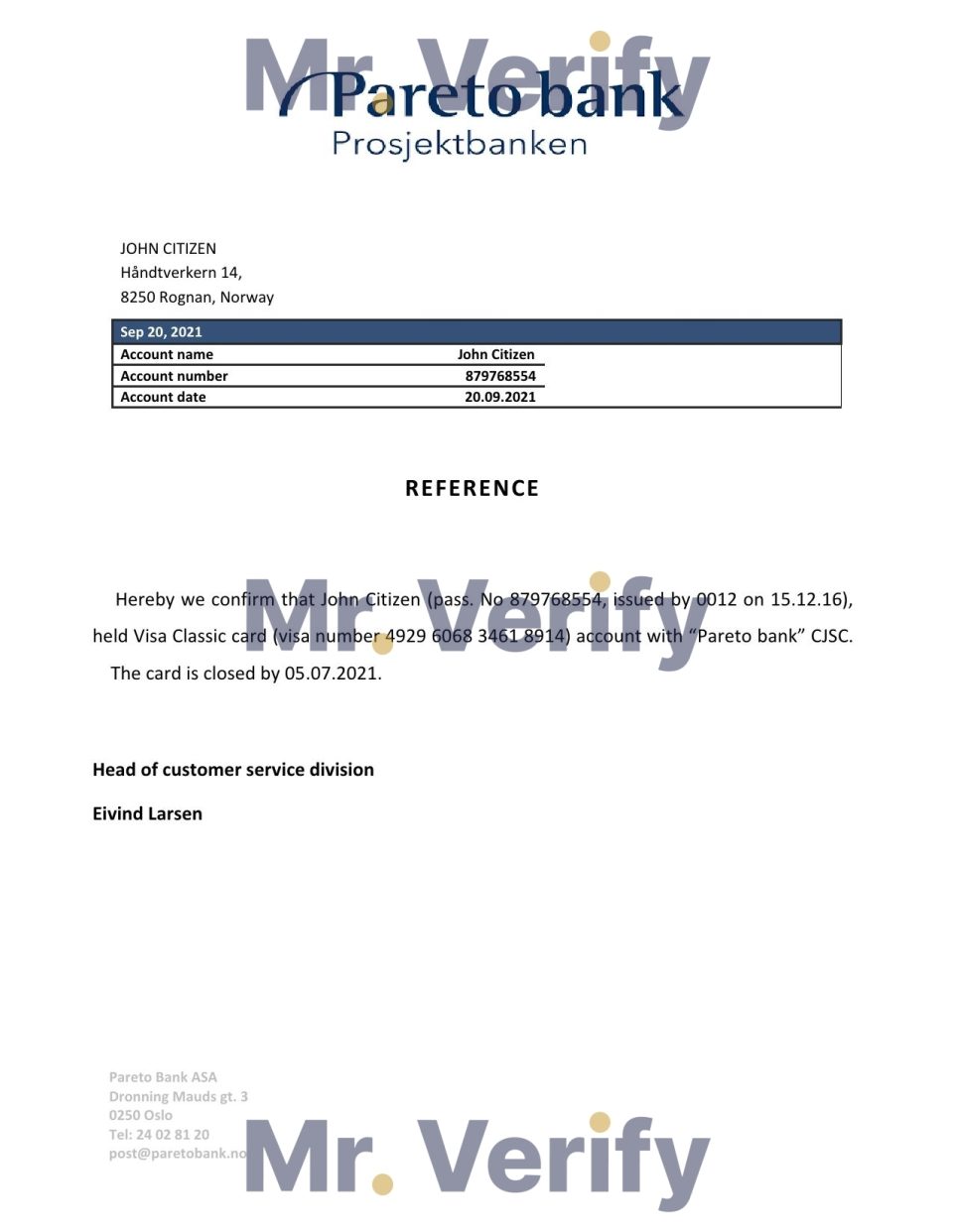 Download Norway Pareto Bank Reference Letter Templates | Editable Word