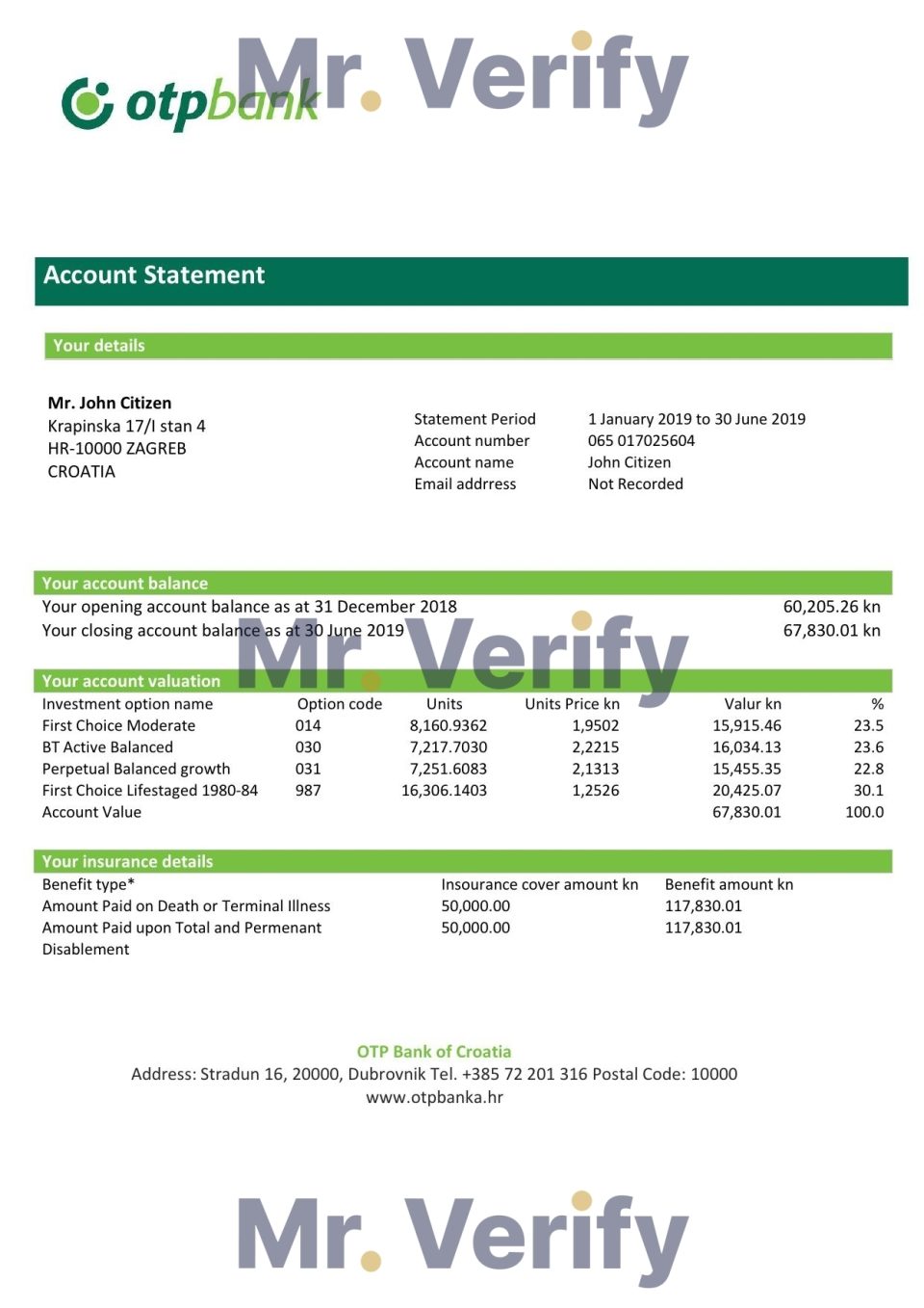 Croatia OTP proof of address bank statement template in Word and PDF format, .doc and .pdf format