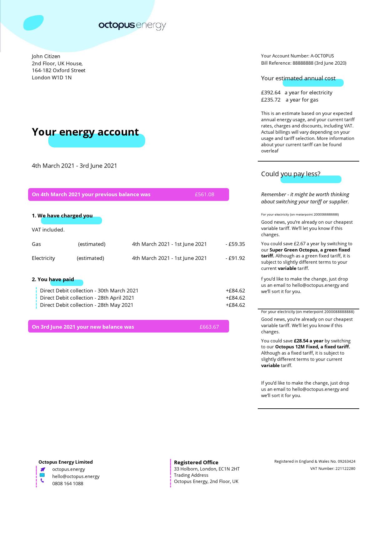 United Kingdom Octopus Energy utility bill template in Word and PDF format, 3 pages