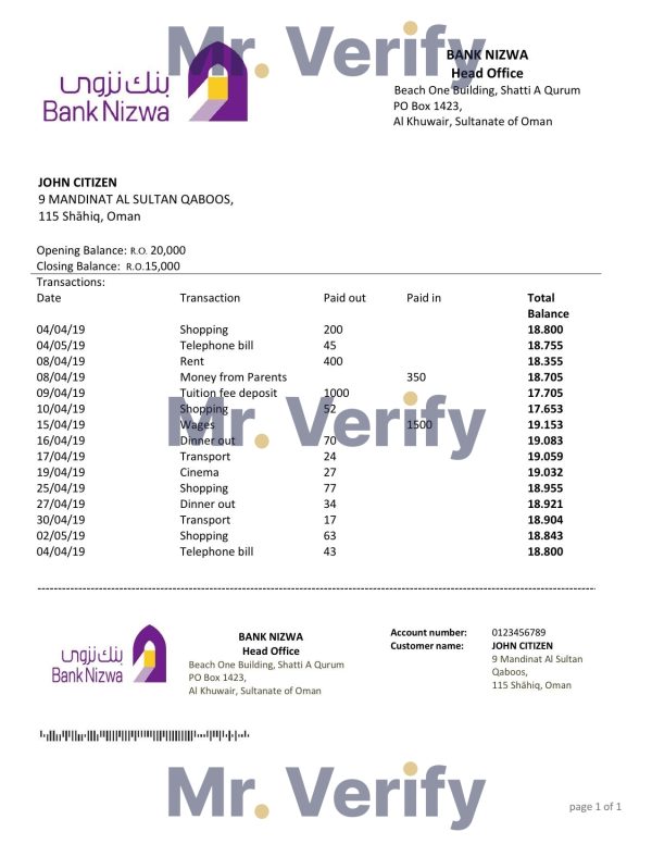 Oman Bank Nizwa proof of address bank statement template in Word and PDF format 600x776 - Cart