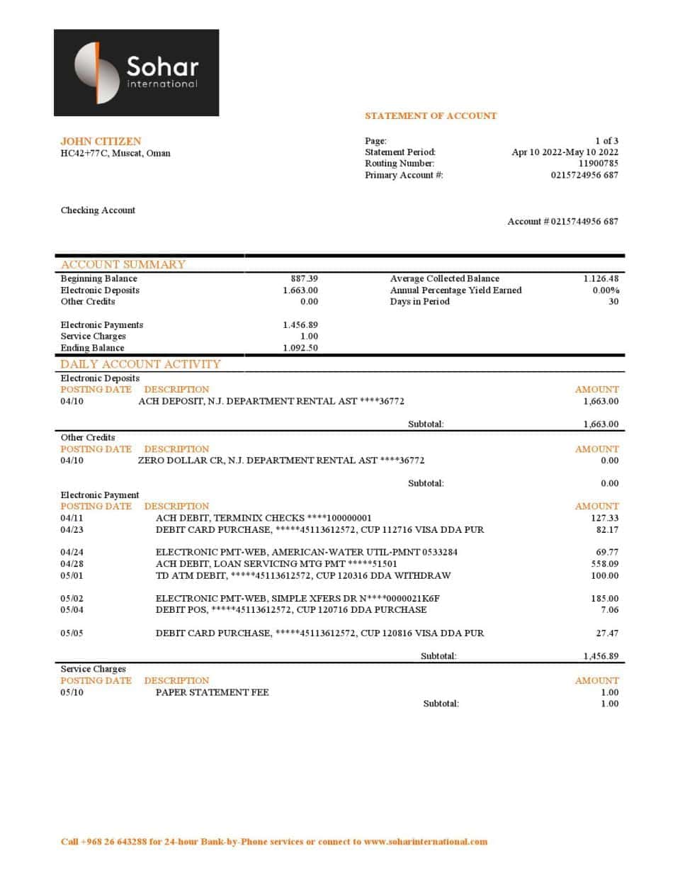 Oman Sohar International bank statement template in Word and PDF format