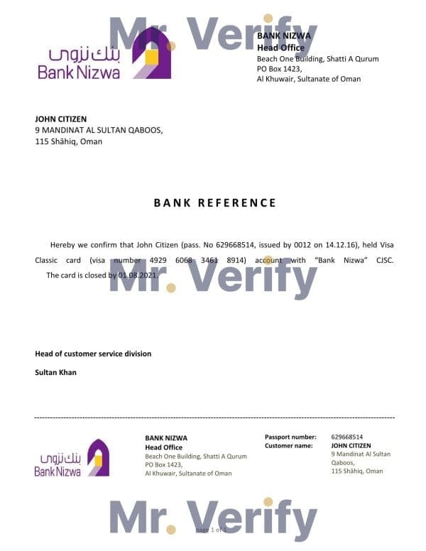 Download Oman Bank Nizwa Bank Reference Letter Templates | Editable Word