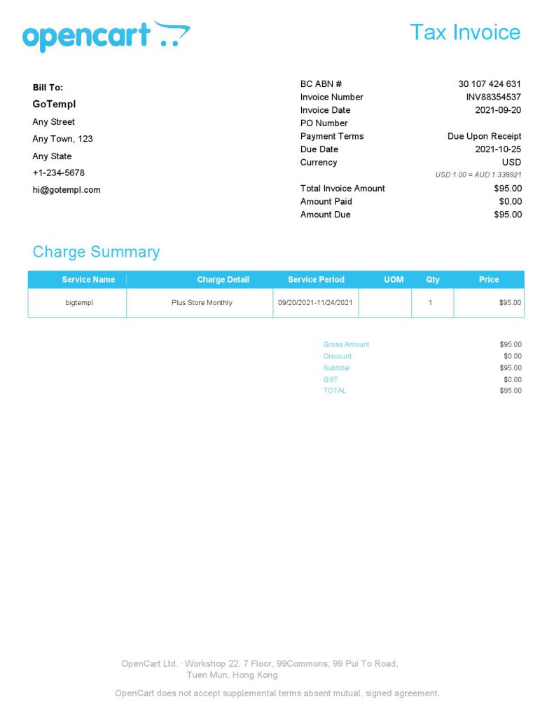Hong Kong OpenCart tax invoice template in Word and PDF format, fully editable
