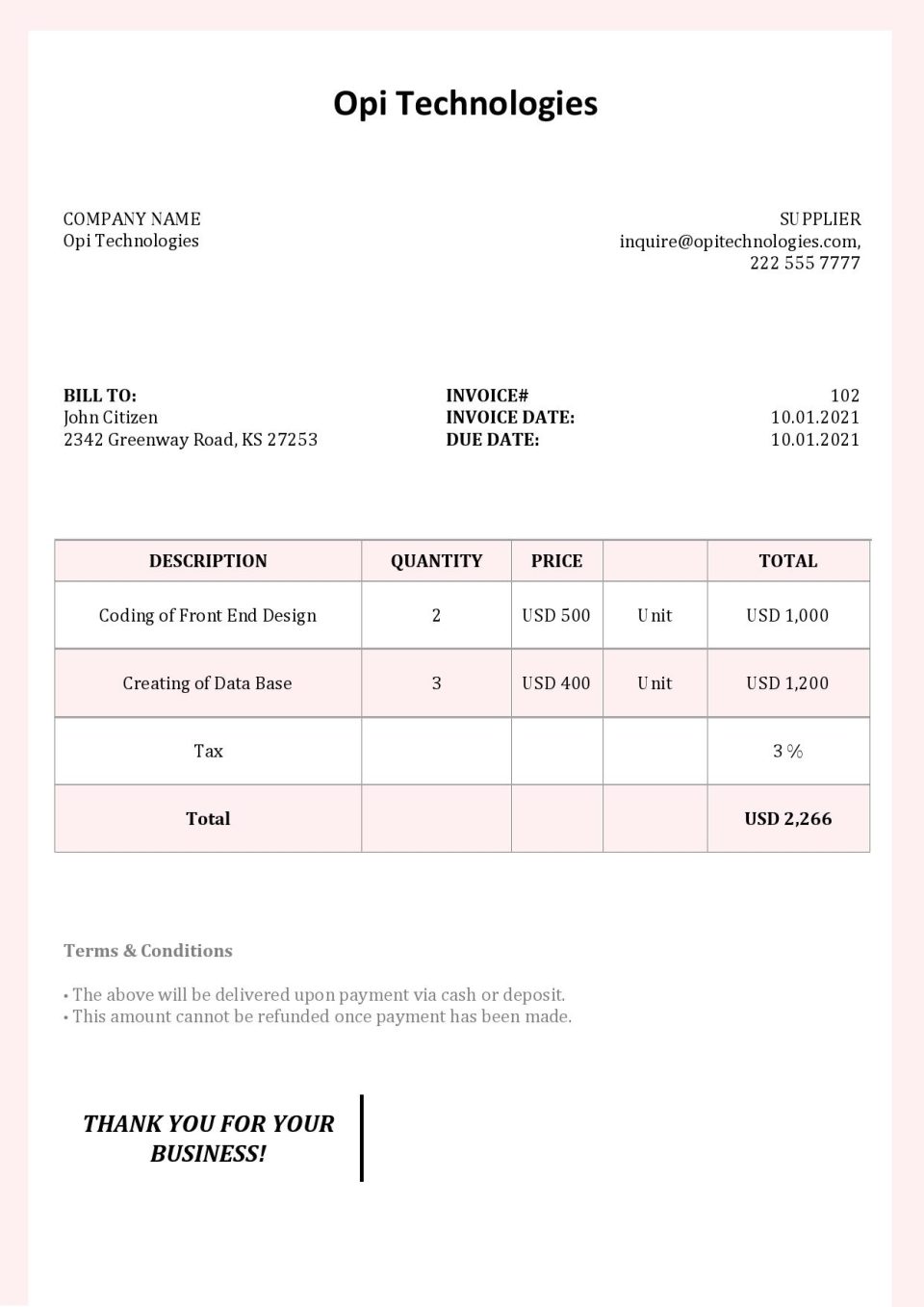 USA Opi Technologies invoice template in Word and PDF format, fully editable