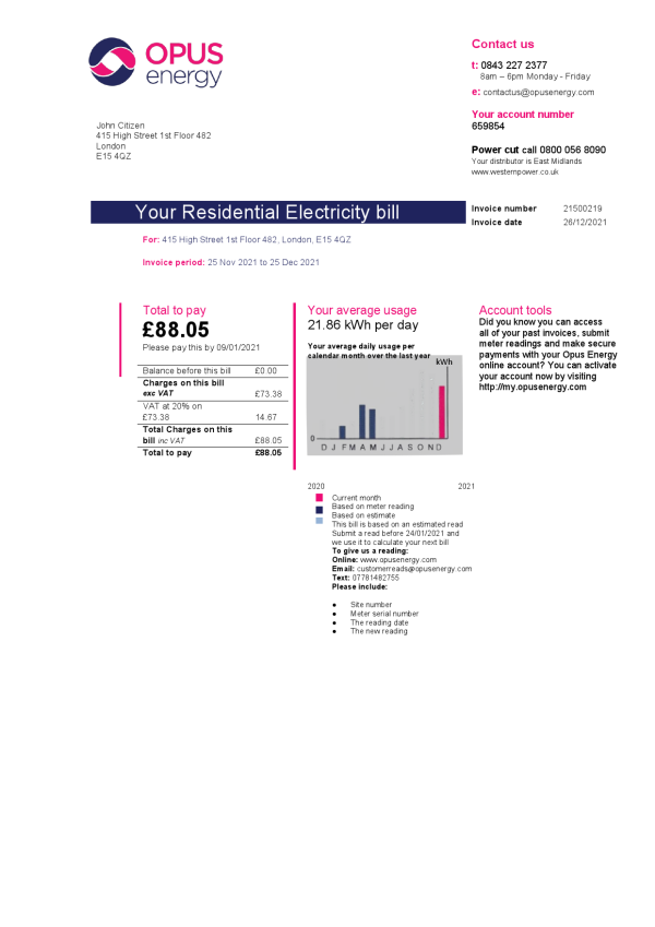 United Kingdom Opus Energy electricity utility bill template in Word and PDF format (2 pages)