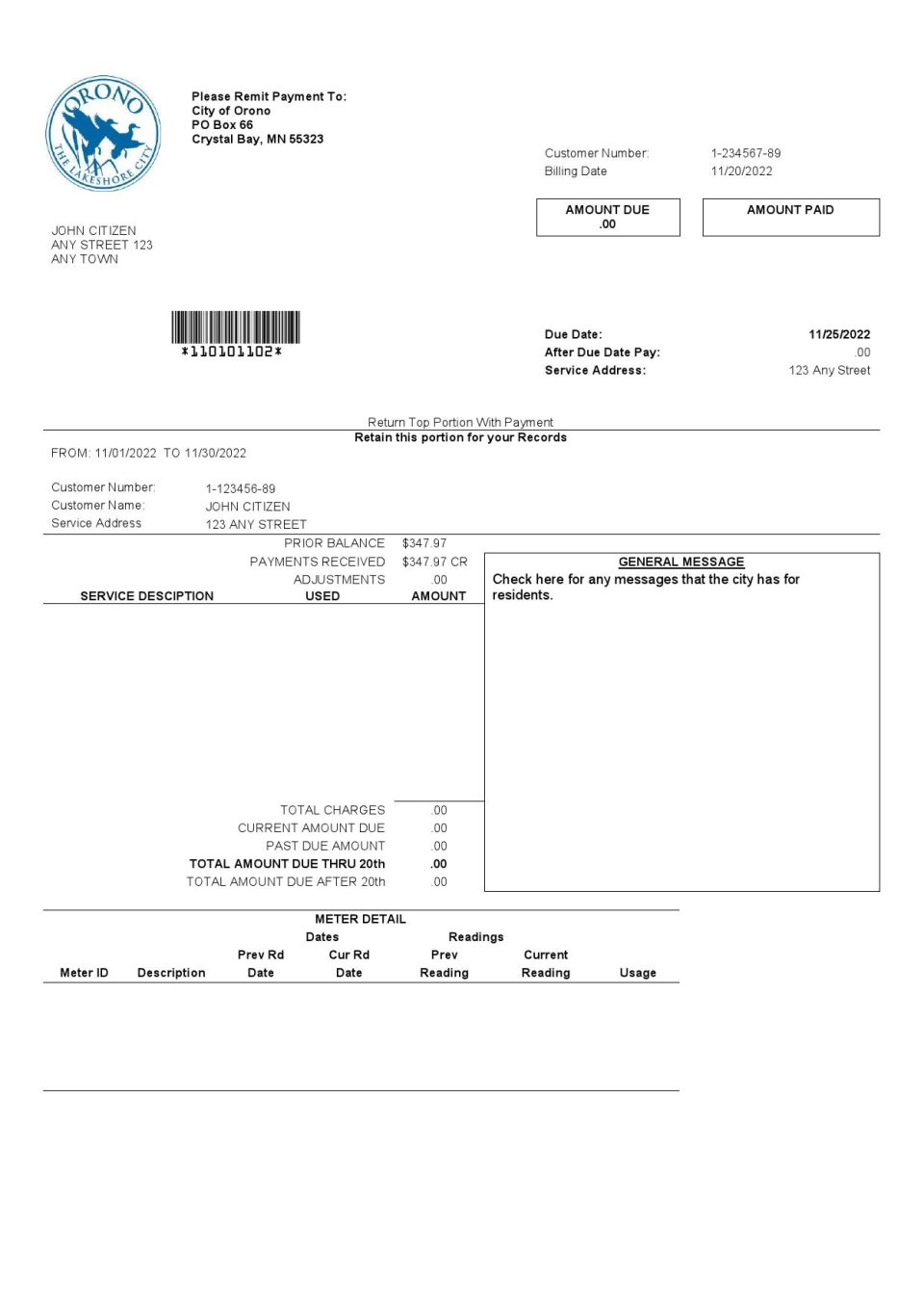 USA Nevada Orono The Lakehore City utility bill template in Word and PDF format