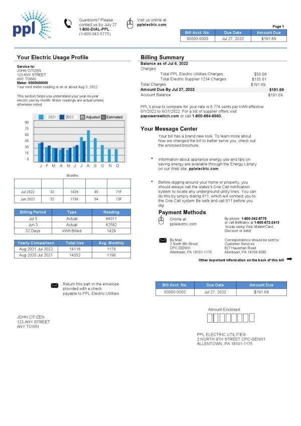 USA Philadelphia PPL utility bill template in Word and PDF format