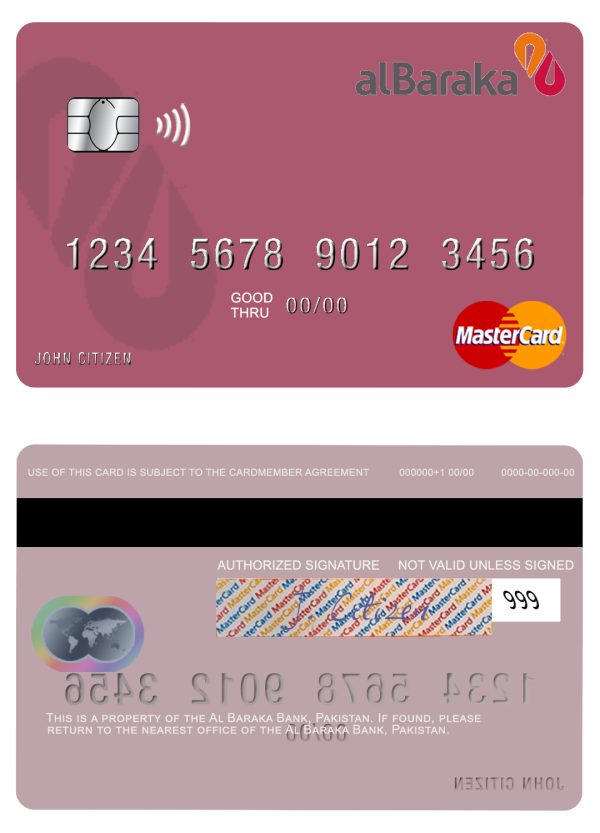 Editable Pakistan Al Baraka Bank mastercard Templates in PSD Format