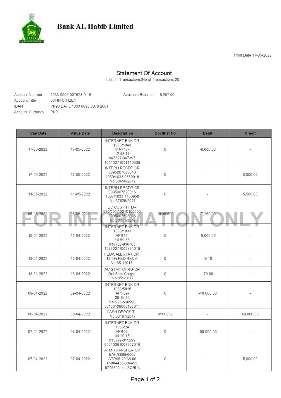 Pakistan Bank Al Habib bank statement, Word and PDF template, 2 pages