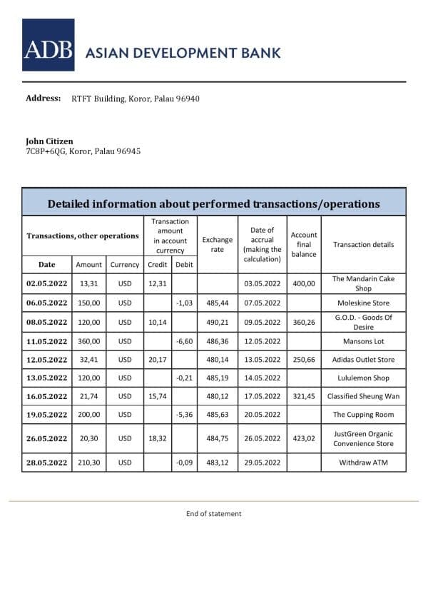 Palau ADB bank statement template in Word and PDF format