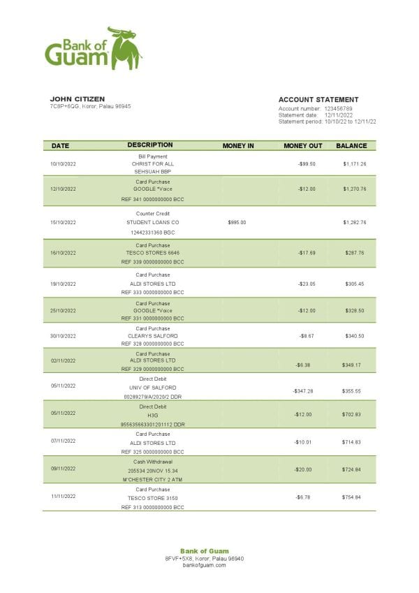 Palau Bank of Guam bank statement template in Word and PDF format