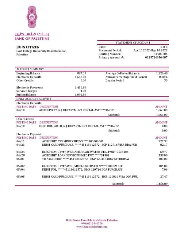 Palestine Bank of Palestine bank statement template in Word and PDF format
