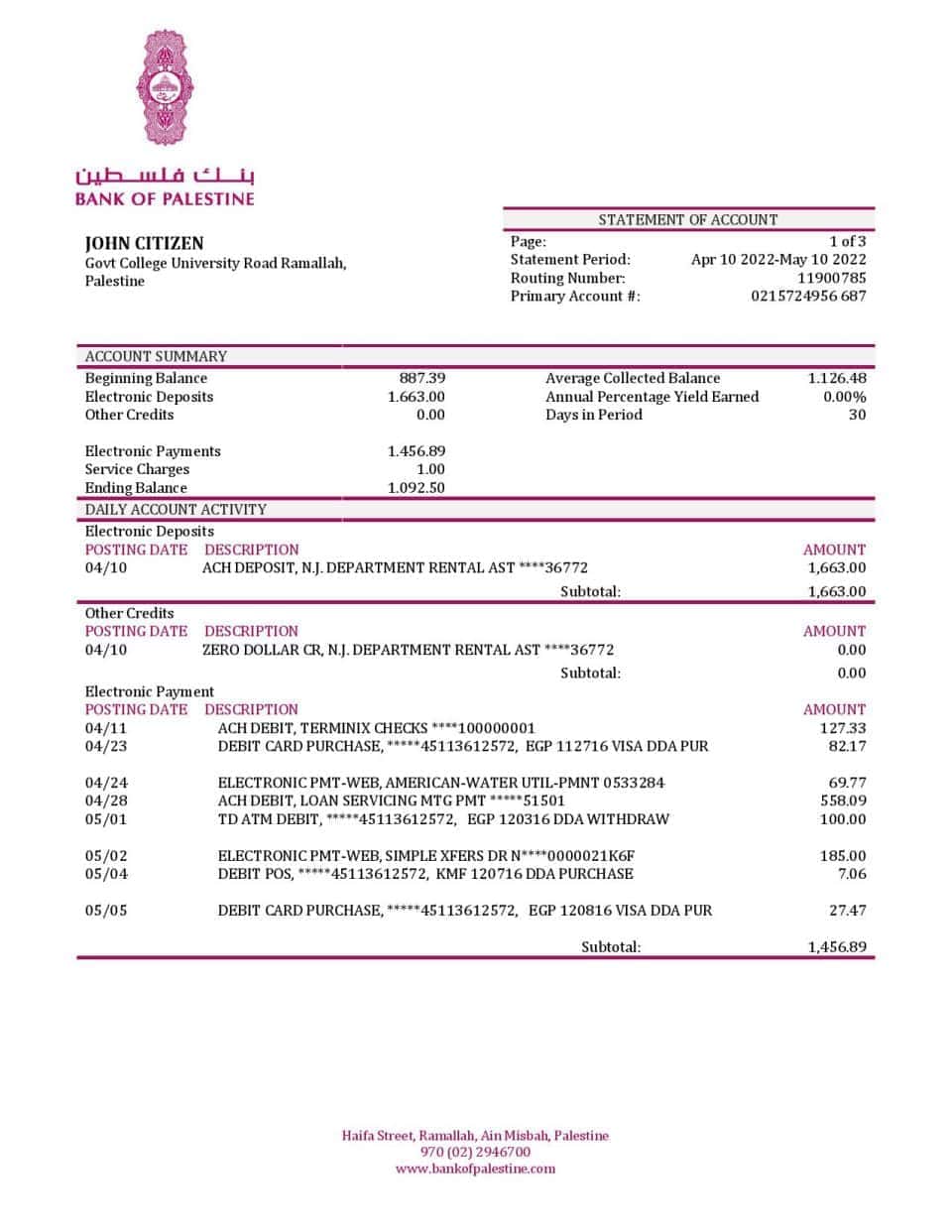 Palestine Bank of Palestine bank statement template in Word and PDF format