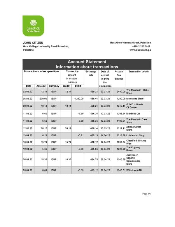 Palestine Quds bank statement Excel and PDF template
