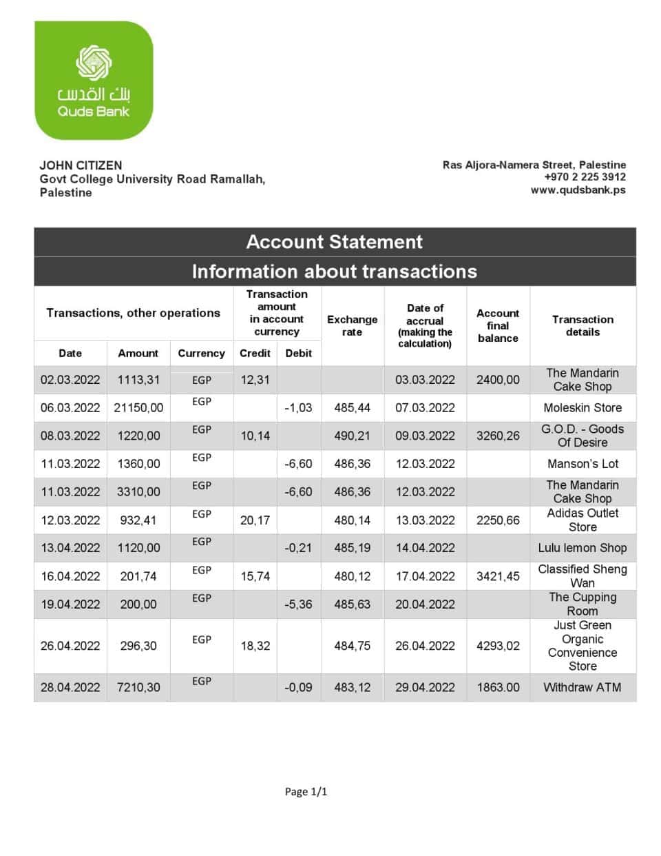 Palestine Quds bank statement template in Word and PDF format