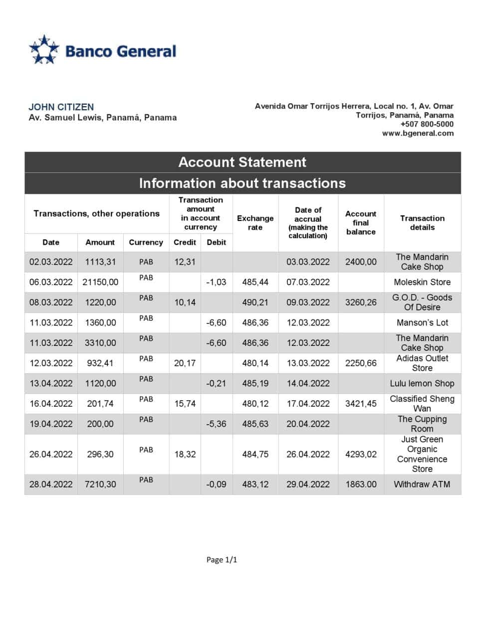 Panama Banco General bank statement template in Word and PDF format