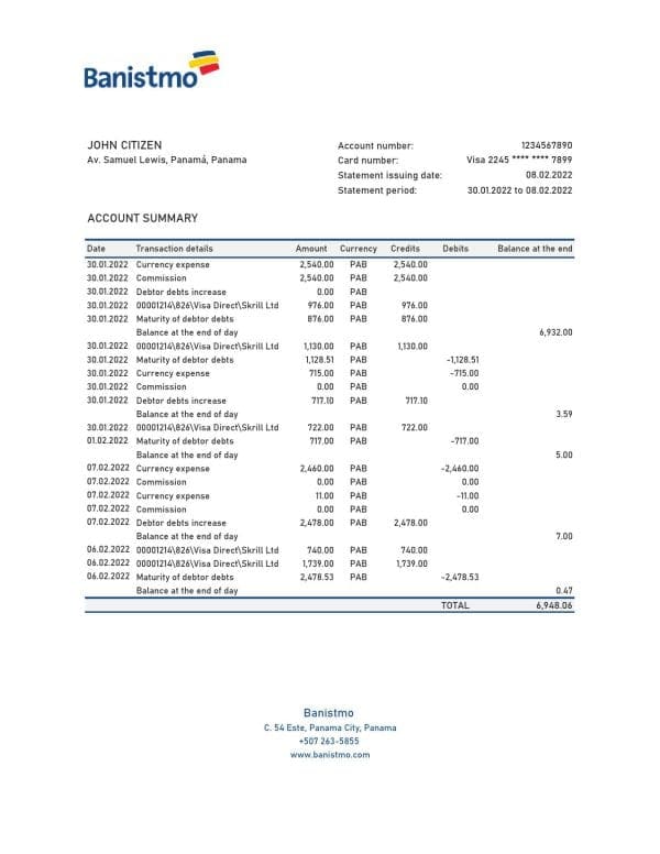 Panama Banistmo bank statement Excel and PDF template