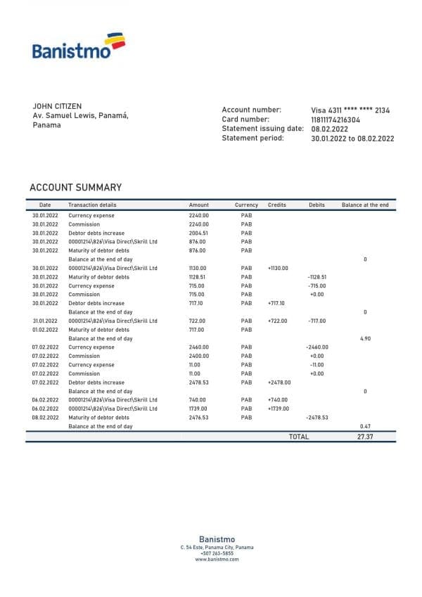 Panama Banistmo bank statement template in Word and PDF format