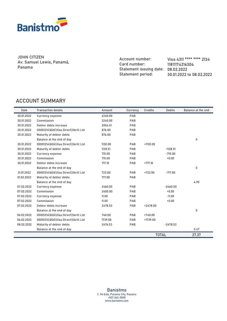 Panama Banistmo bank statement template in Word and PDF format