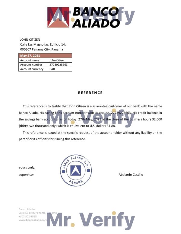 Panama Banco Aliado bank account reference letter template in Word and PDF format
