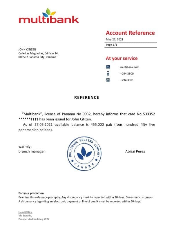 Download Panama Multibank Bank Reference Letter Templates | Editable Word