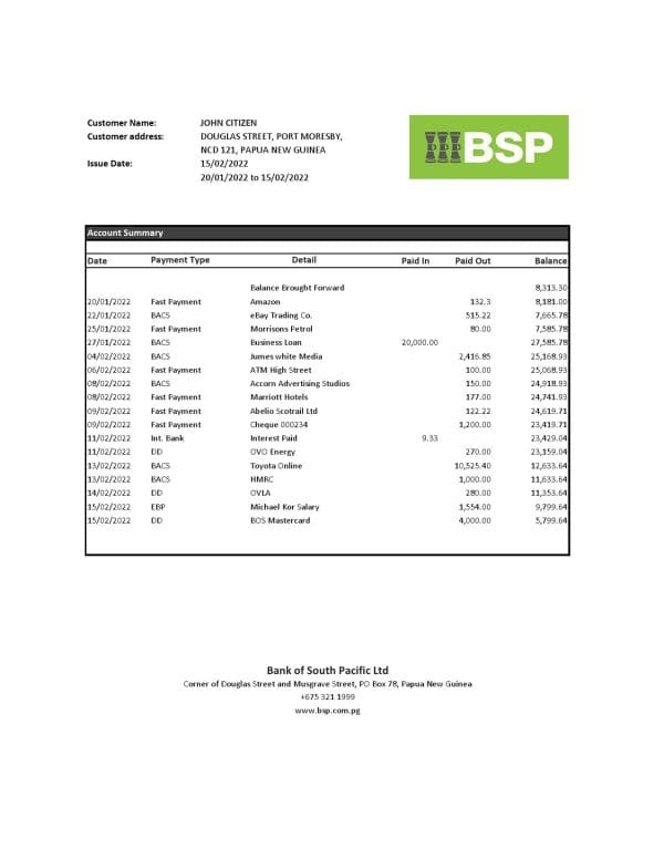 Papua New Guinea BSP bank statement Excel and PDF template