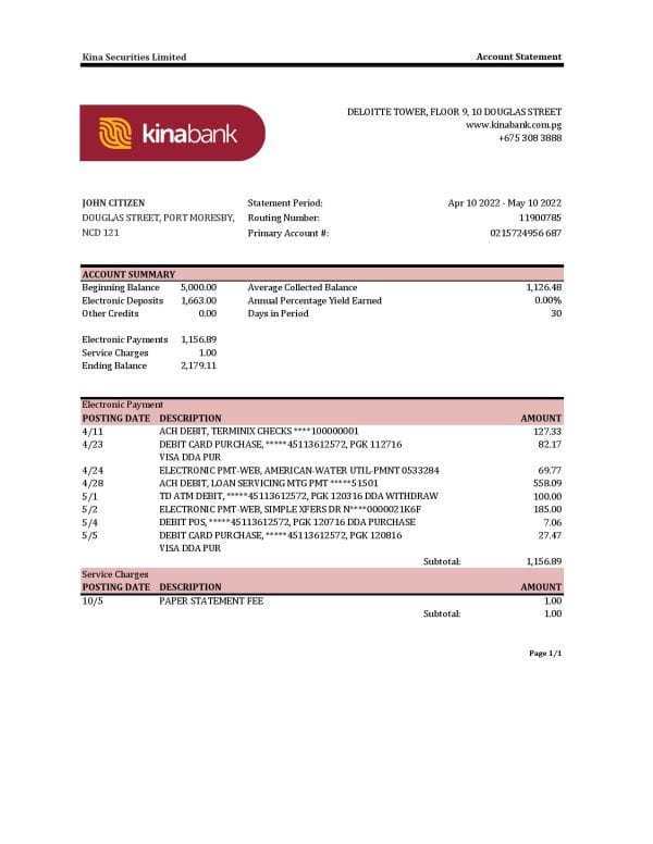 Papua New Guinea Kina Securities Limites bank statement Excel and PDF template