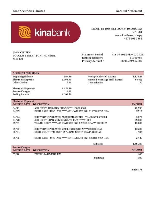 Papua New Guinea Kina Securities Limites bank statement template in Word and PDF format
