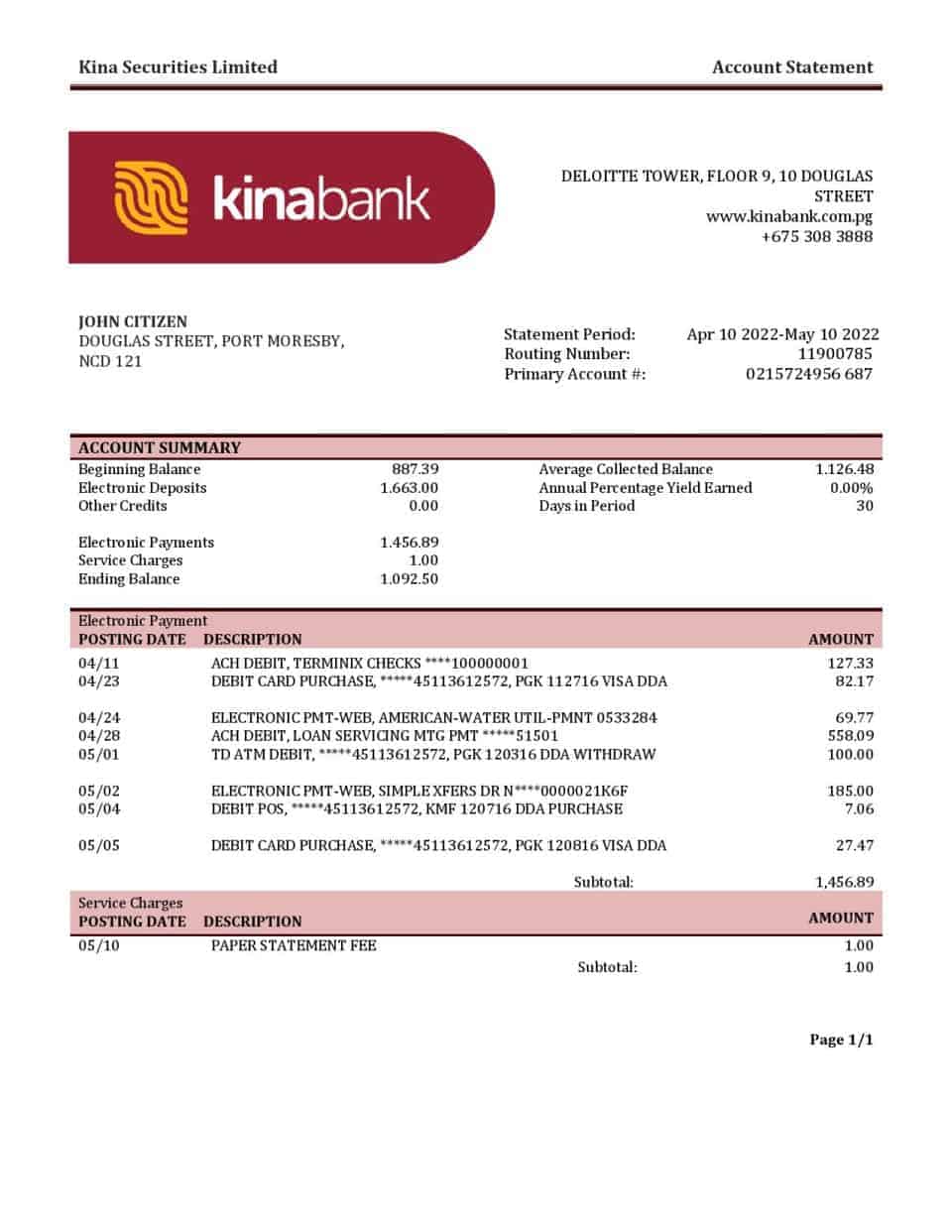 Papua New Guinea Kina Securities Limites bank statement template in Word and PDF format