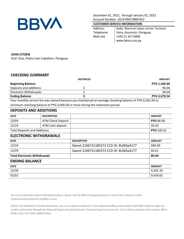 Paraguay BBVA bank statement template in Word and PDF format 600x776 - Cart