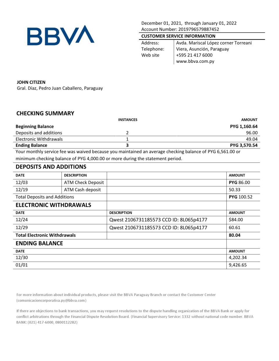 Paraguay BBVA bank statement template in Word and PDF format