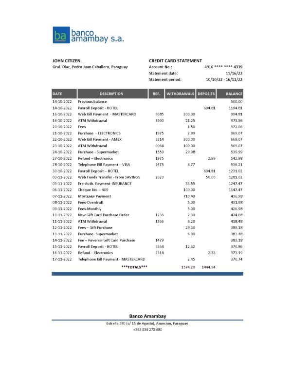 Paraguay Banco Amambay bank statement Excel and PDF template