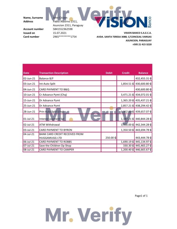 Paraguay Vision Banco bank statement easy to fill template in Excel and PDF format 600x776 - Cart