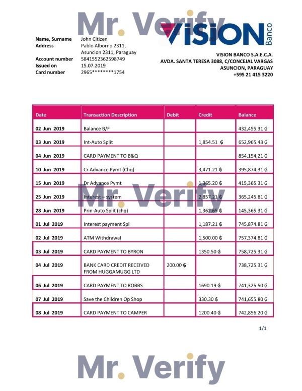 Paraguay Vision Banco bank statement template in Word and PDF format 600x776 - Cart