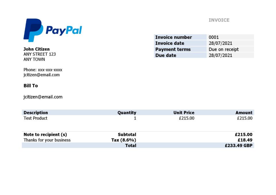 USA PayPal invoice template in Word and PDF format