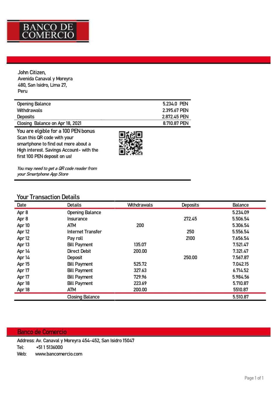 Peru Banco de Comercio bank statement template in Word and PDF format