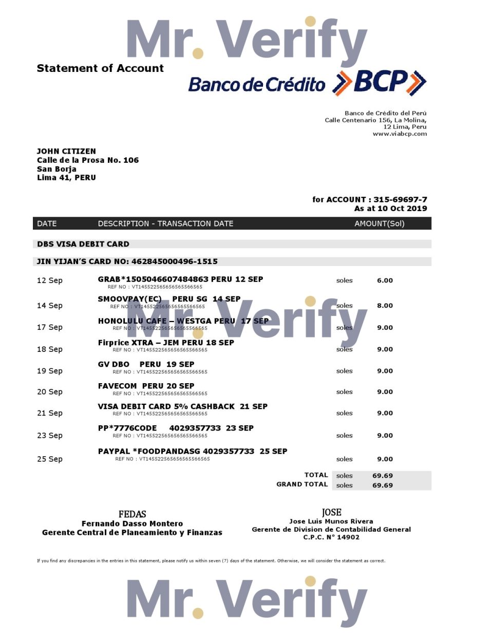 Peru Banco de Credito del Peru (BCP) proof of address bank statement template in Word and PDF format