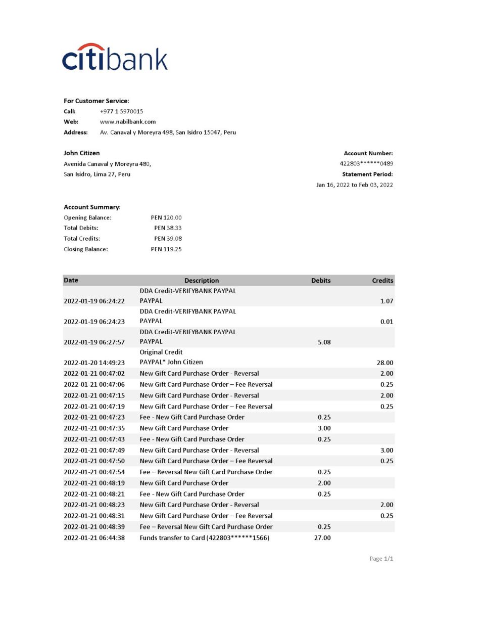 Peru Citibank bank statement Excel and PDF template