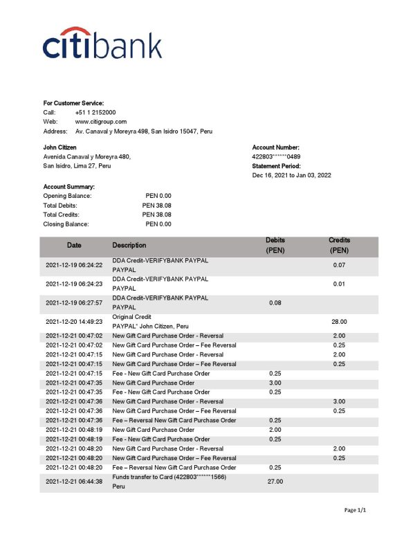 Peru Citibank bank statement template in Word and PDF format