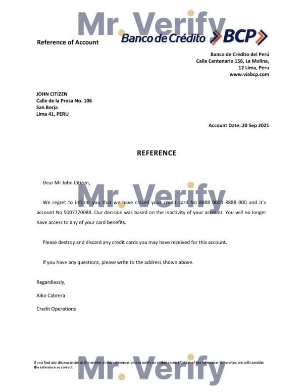 Download Peru Banco de Credito Bank Reference Letter Templates | Editable Word