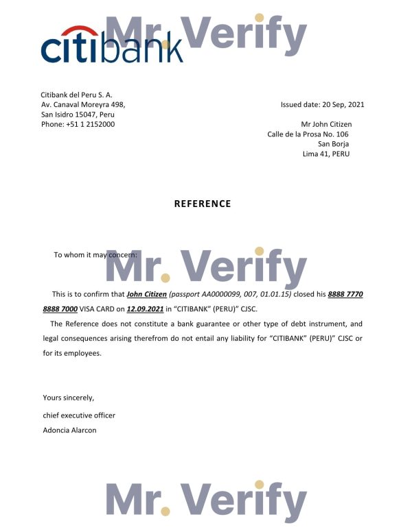 Download Peru Citibank Bank Reference Letter Templates | Editable Word
