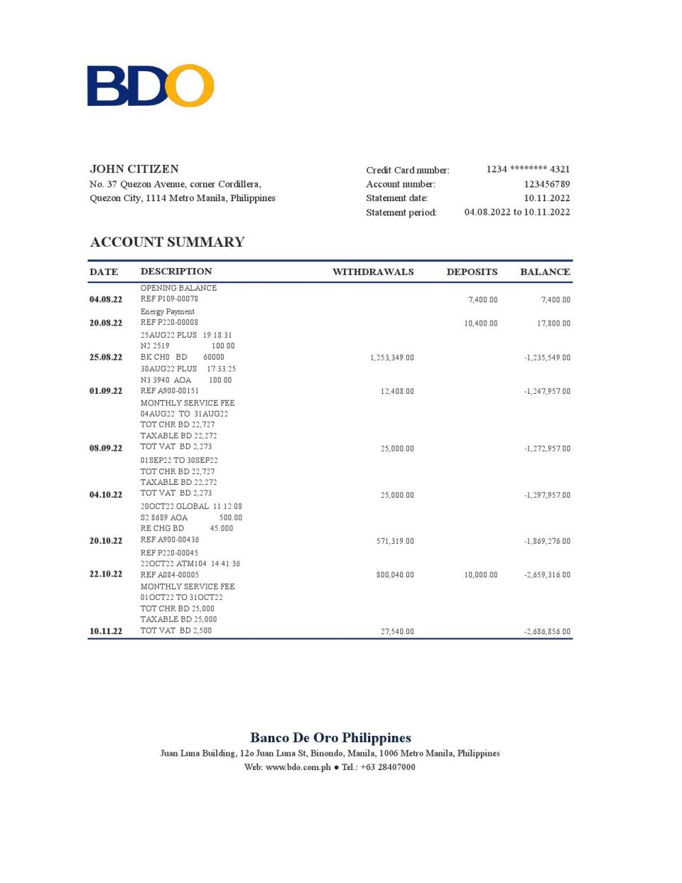 Philippines BDO bank statement Excel and PDF template